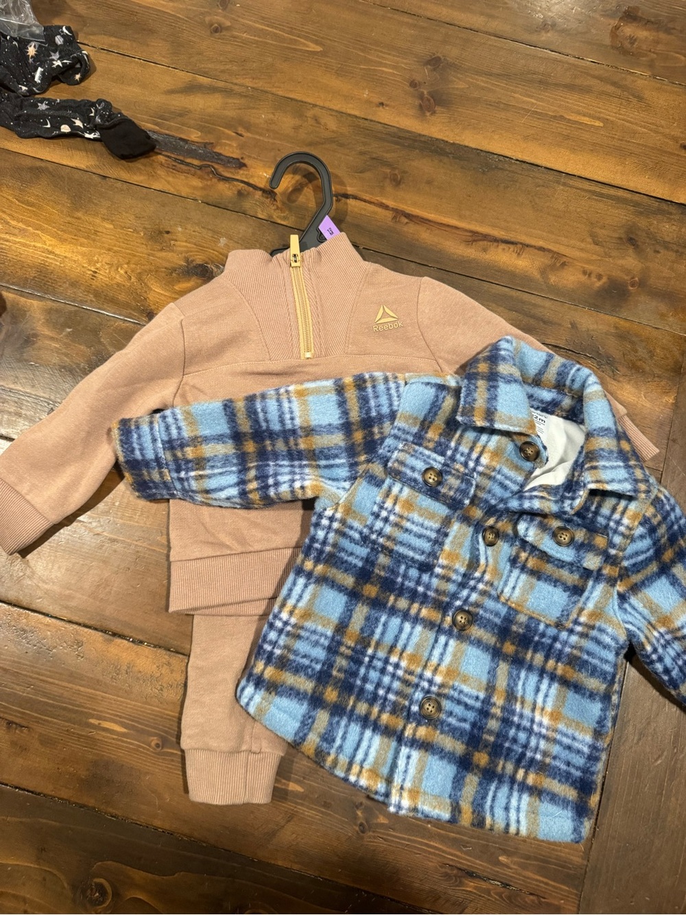 Carter's Blue & Tan Plaid Button-Up Fleece Shirt and Reebok Set - 12 Month